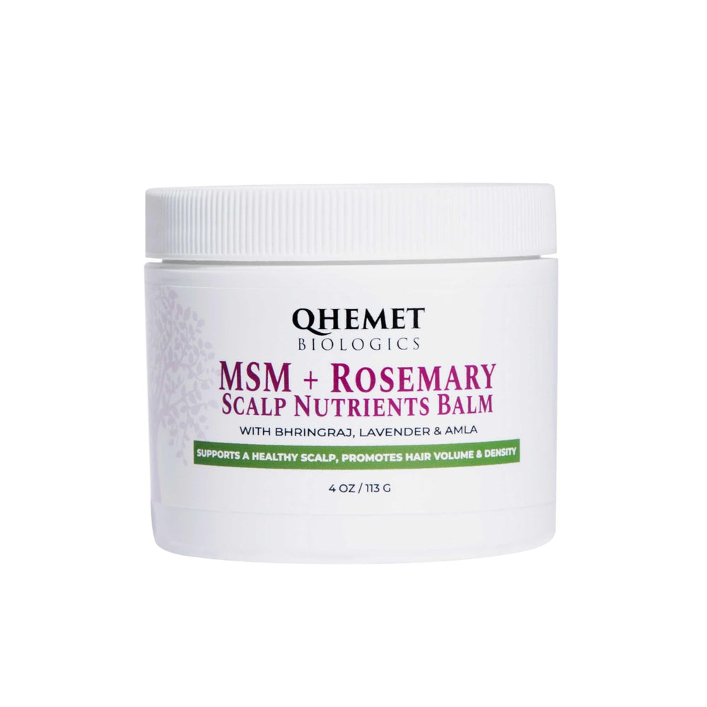 Qhemet Biologics MSM + Rosemary Scalp Balm jar for scalp nourishment.