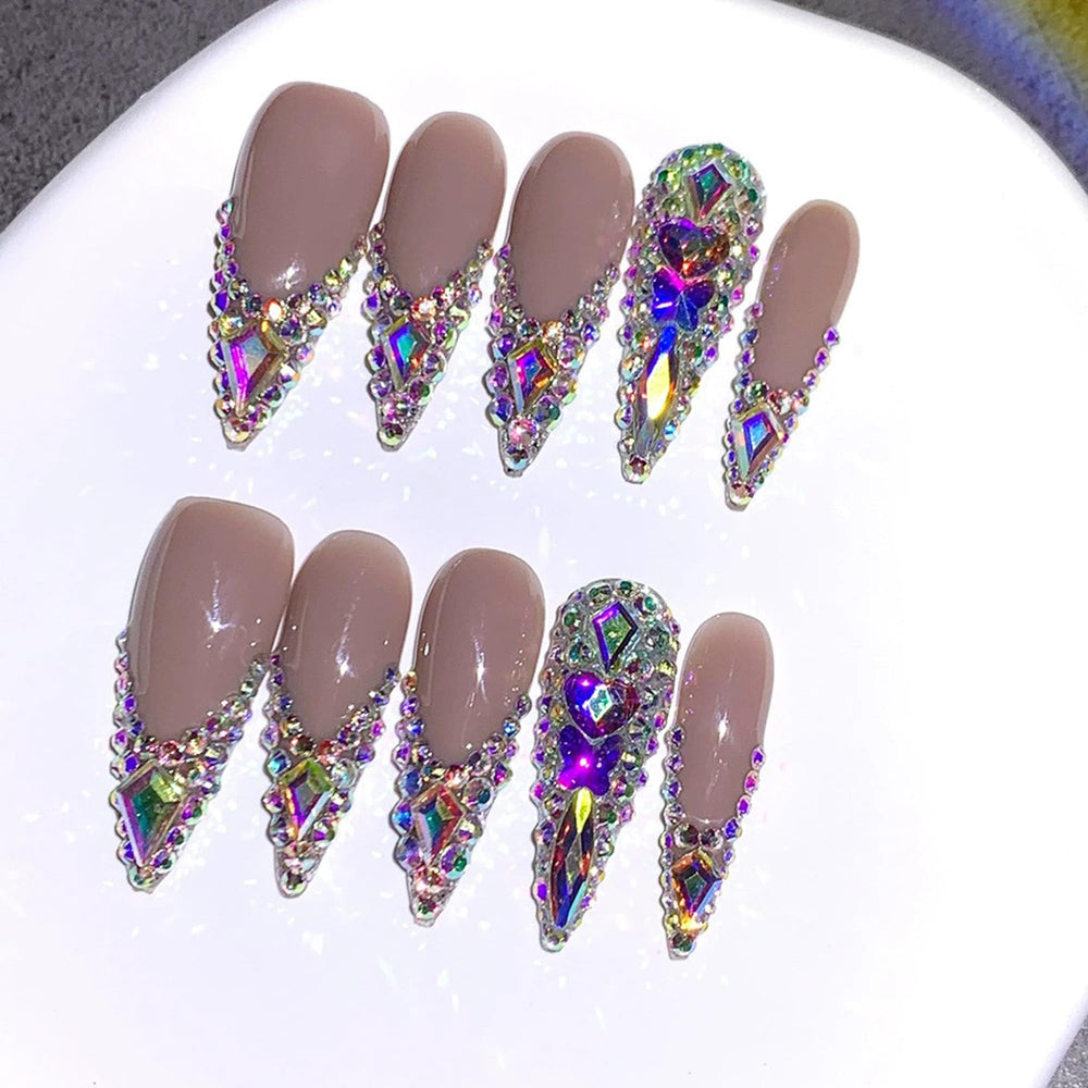 Qicaijia almond long press-on nails with glossy finish for dramatic, salon-like results.