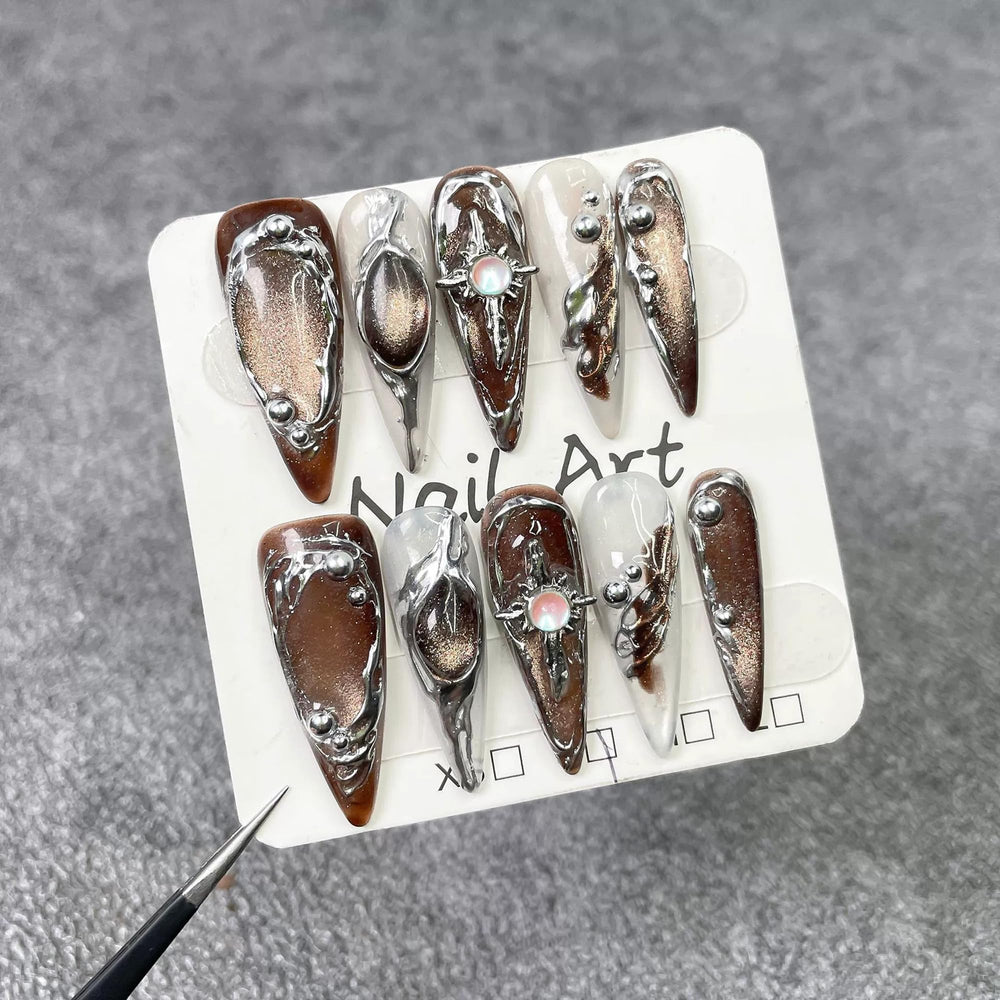 Qicaijia almond long press-on nails with glossy surface for quick manicures