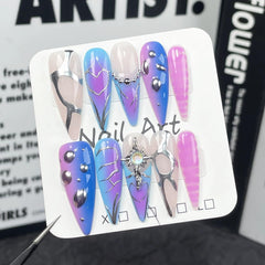 Qicaijia blue nails featuring 3D swirl charms design for elegant party nails