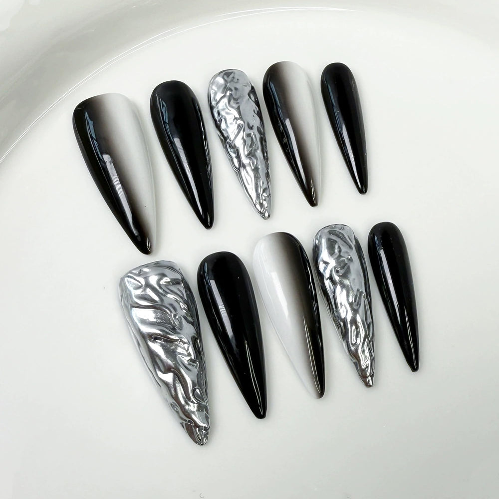 Qicaijia chrome sparkle acrylic nails add glamorous shine instantly.