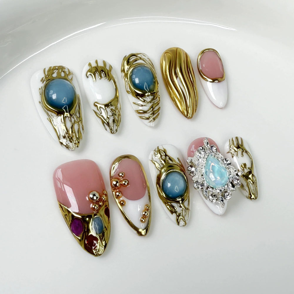 Qicaijia handmade almond nails with white French tip for elegant daily wear.