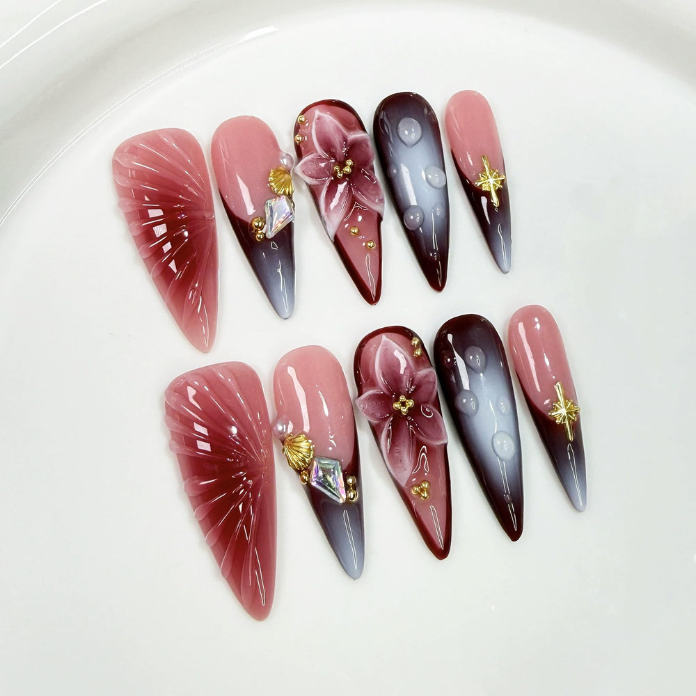 Qicaijia handmade press-on nails long almond with 3D flower art for salon-quality manicure.