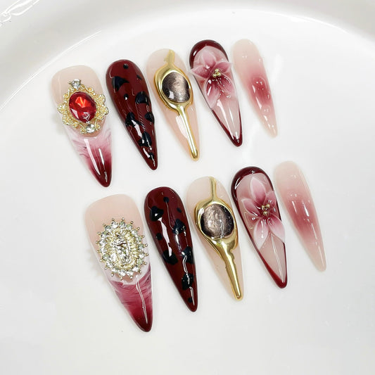 Qicaijia burgundy French tips nails for chic press-on manicure