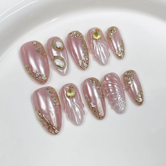 Qicaijia handmade short pink almond nails with embossed shell for glamorous manicure