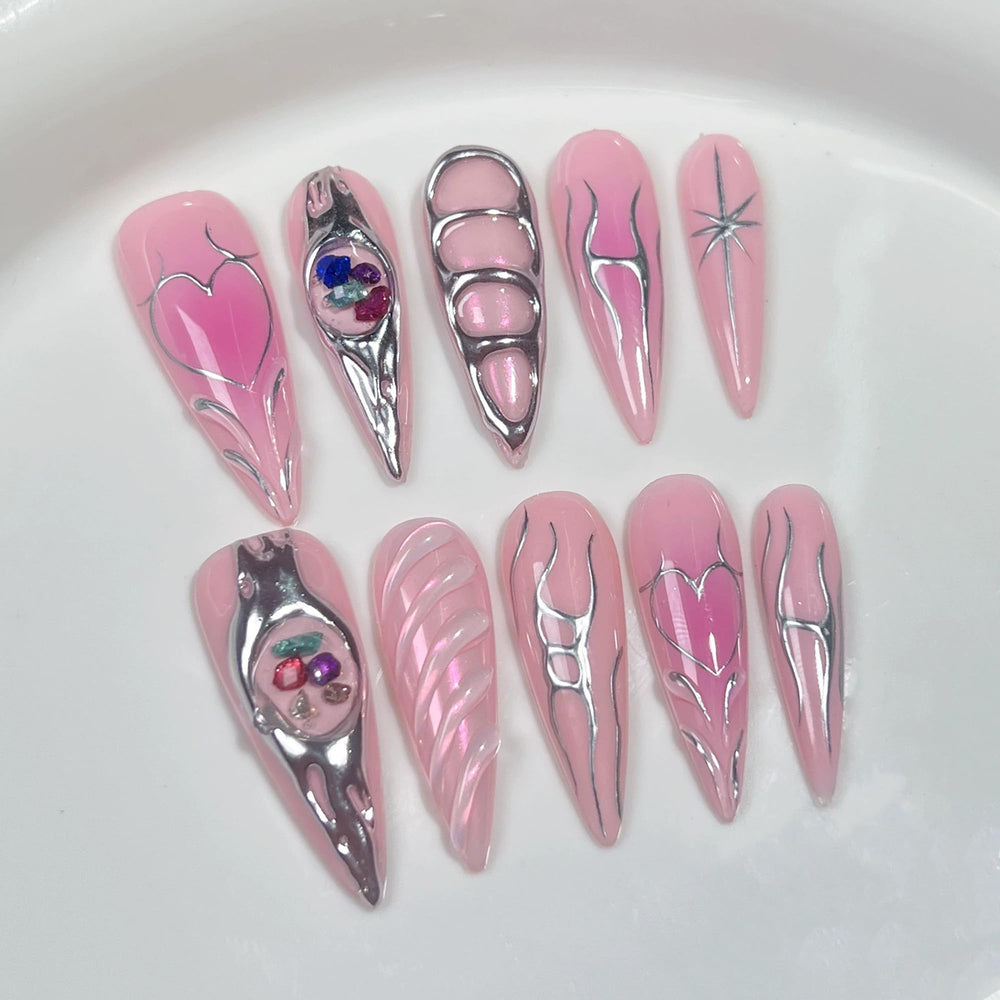 Qicaijia long press nails in pink almond ombre for a chic, reusable manicure.