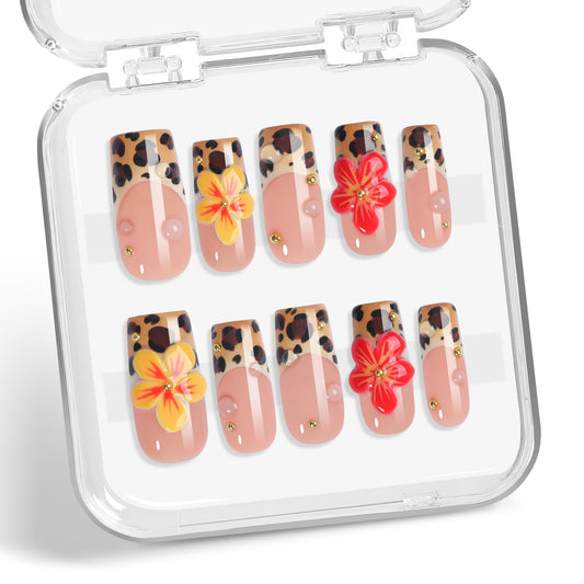 Qicaijia medium square nails with leopard print and 3D flower for a chic look
