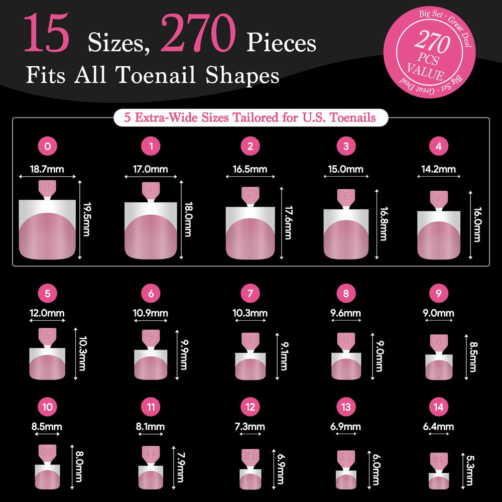 QIEK 270-piece set in 15 sizes for precise toe fit