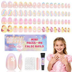 QIEK Kids press-on floral almond nails close-up for easy wear and kid-friendly design.