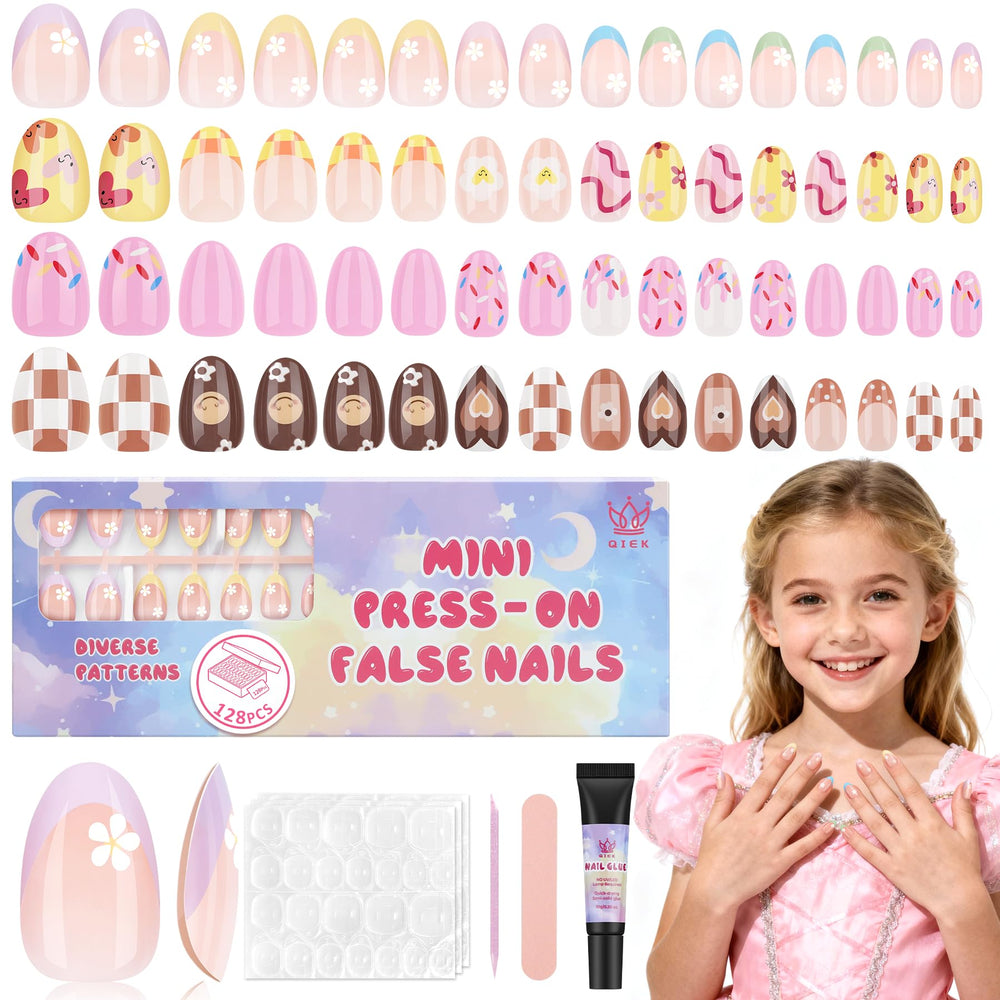 QIEK Kids press-on nails with flower almond design, front view for a chic tween manicure.
