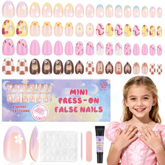 QIEK Kids press-on nails with flower almond design, front view for a chic tween manicure.