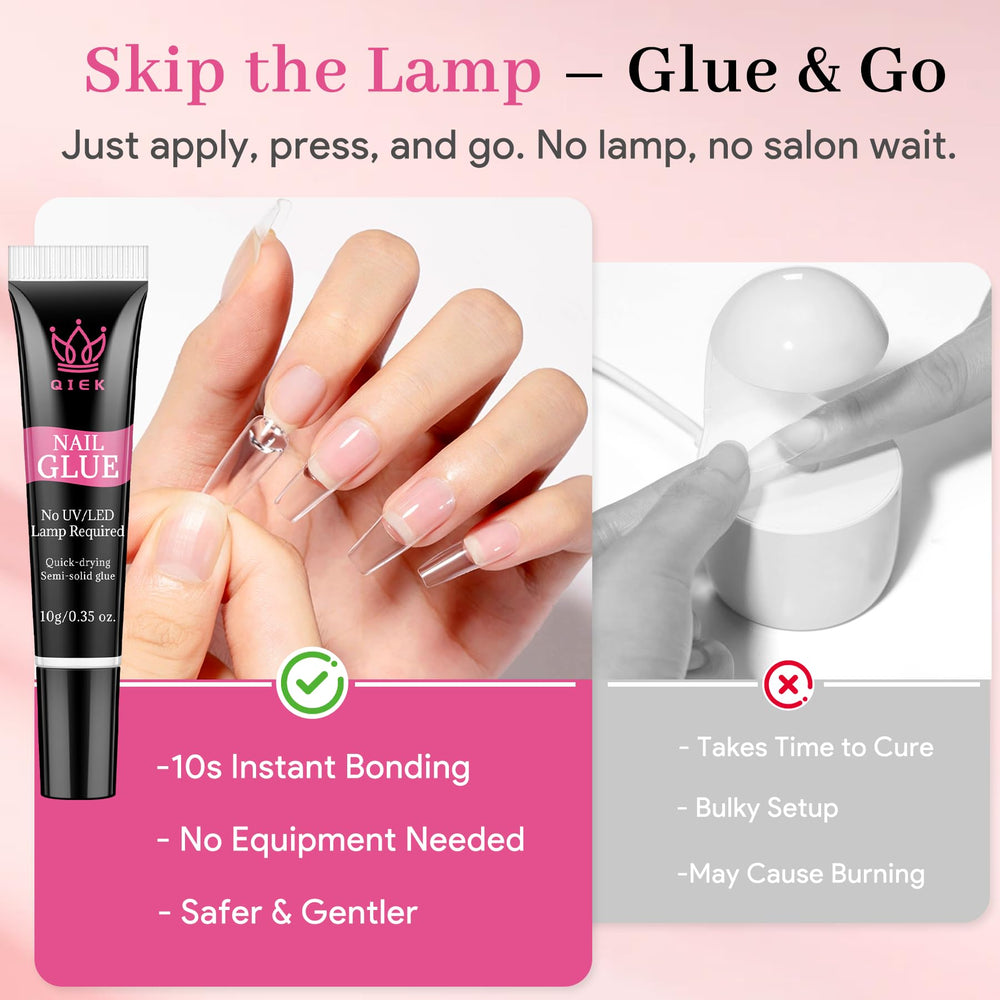 QIEK No-Lamp Nail Glue quick-dry action demonstrating 10-second set