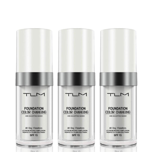 QINGFANGLI TLM foundation bottle front showing color-changing formula for warm skin tones