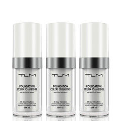 QINGFANGLI TLM foundation bottle front showing color-changing formula for warm skin tones