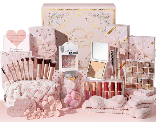 Qinline teen gift box with brushes and floral bag for easy makeup practice.
