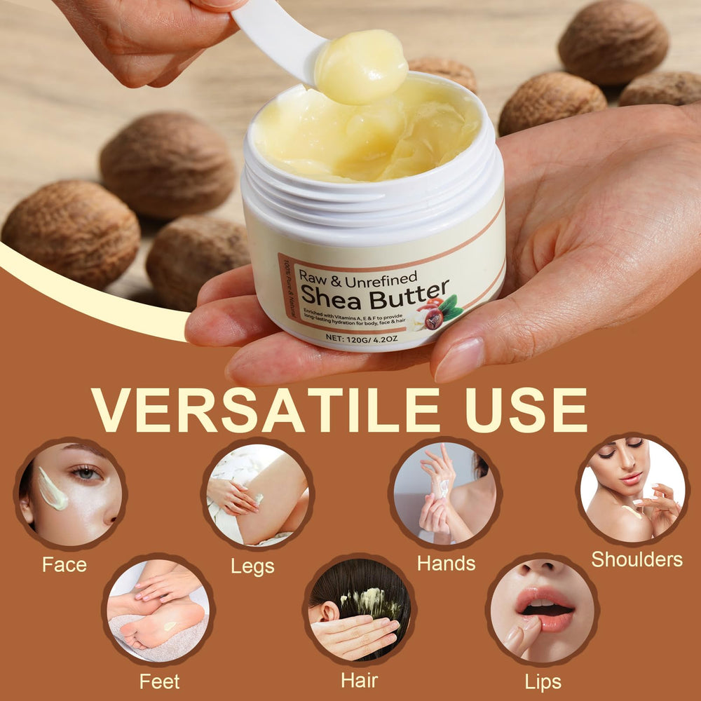 QJCWXIAOX label highlights vitamins A, E and F in raw shea butter