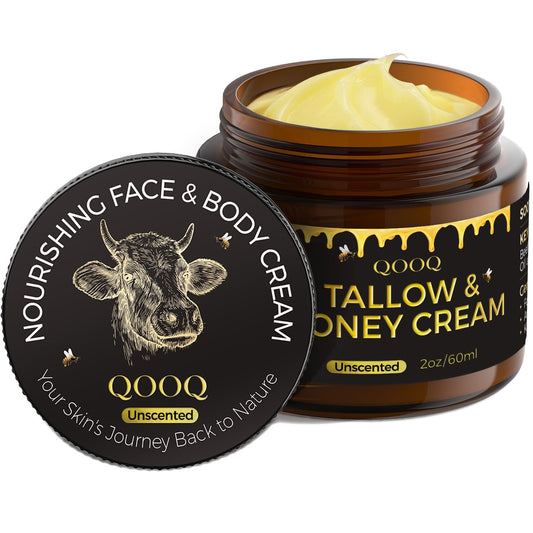 QOOQ grass-fed beef tallow cream jar close-up highlighting rich hydration