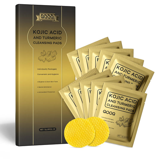 QOOQ Turmeric Kojic Acid Cleansing Pads packaging with two fresh pads.