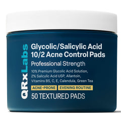 QRxLabs pads label close-up showing 2% salicylic and 10% glycolic acids for exfoliation.