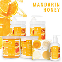 QTICA Mandarin Honey sugar scrub used in spa manicure setup