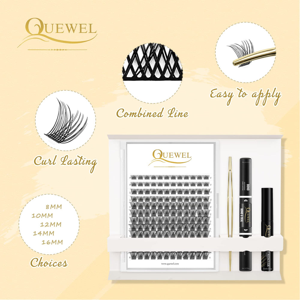QUEWEL premium lash cluster tweezers provide precise placement.