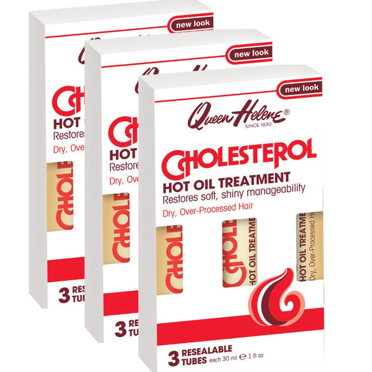 Queen Helene Cholesterol Hot Oil Treatment front view tubes deliver moisture to dry hair