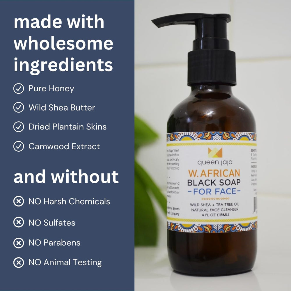 Queen Jaja Black Soap bottle angled view suggests gentle daily use.