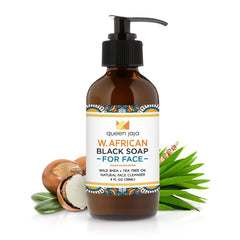 Queen Jaja Black Soap face pour for daily cleansing balance.