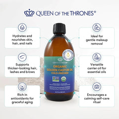 QUEEN OF THE THRONES Amber glass castor oil bottle protects purity and prevents contaminants.