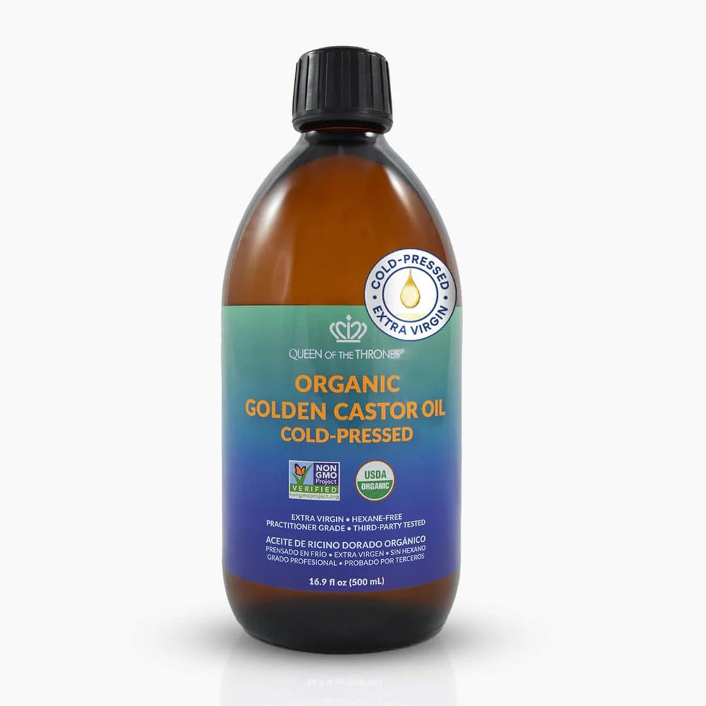 QUEEN OF THE THRONES Organic Golden Castor Oil bottle for hair nourishment and skin hydration.