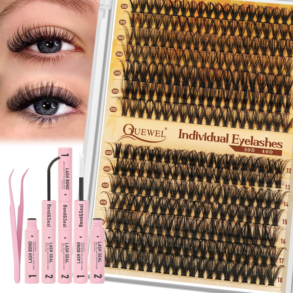 QUEWEL Lash Clusters Kit 30D-40D natural 12-18mm for effortless salon-style lashes at home.