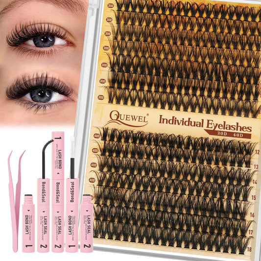 QUEWEL Lash Clusters Kit 30D-40D natural 12-18mm for effortless salon-style lashes at home.