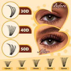 QUEWEL lash clusters kit contents with clusters, bond, seal, and tweezers.
