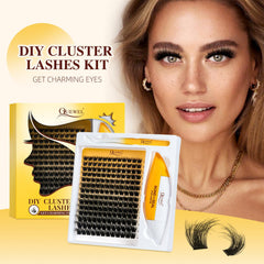 QUEWEL Lash kit shown in front of a mirror for easy at-home application.