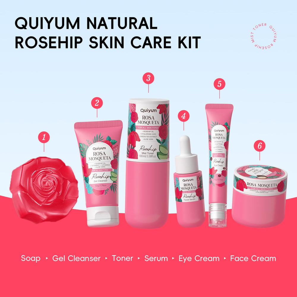 QUIYUM Rosehip Bottle Pour captures slow absorption and long-lasting hydration.