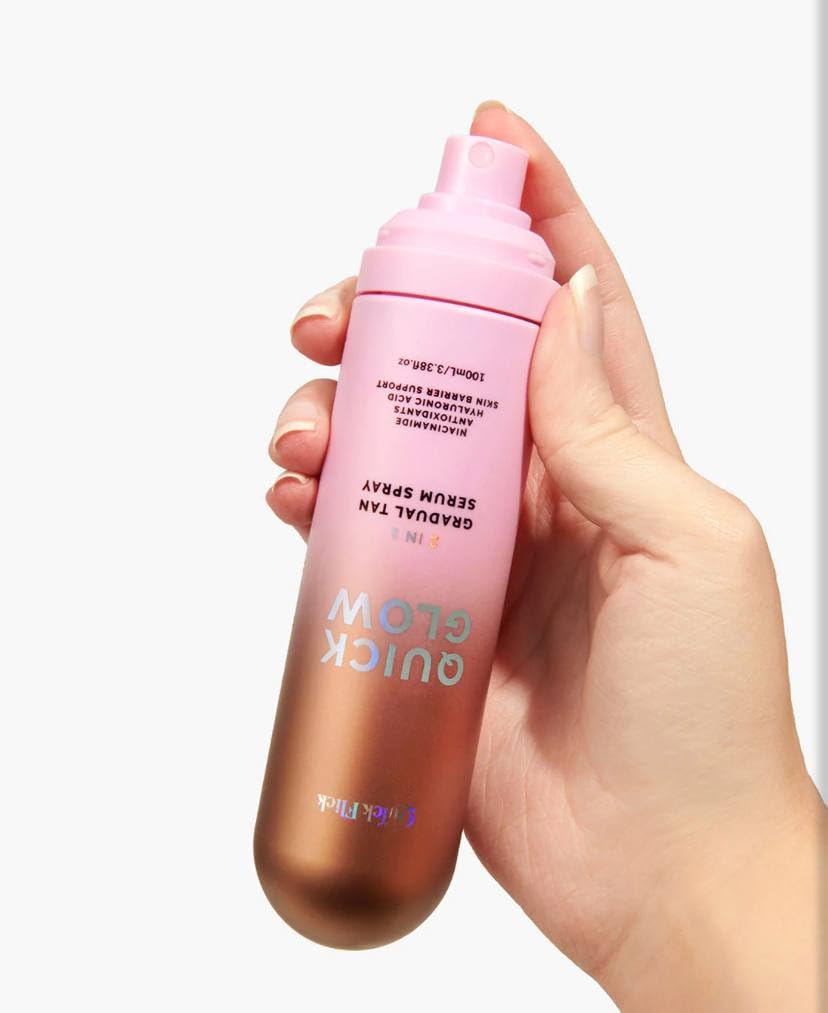 Quick Beauty Quick Glow mist demonstrates effortless spray application for a natural, buildable tan.