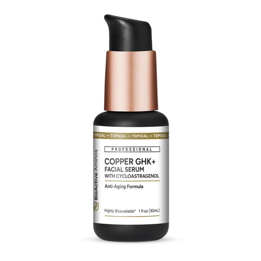 Quicksilver Copper GHK+ Serum bottle close-up showing hydration for a radiant complexion.