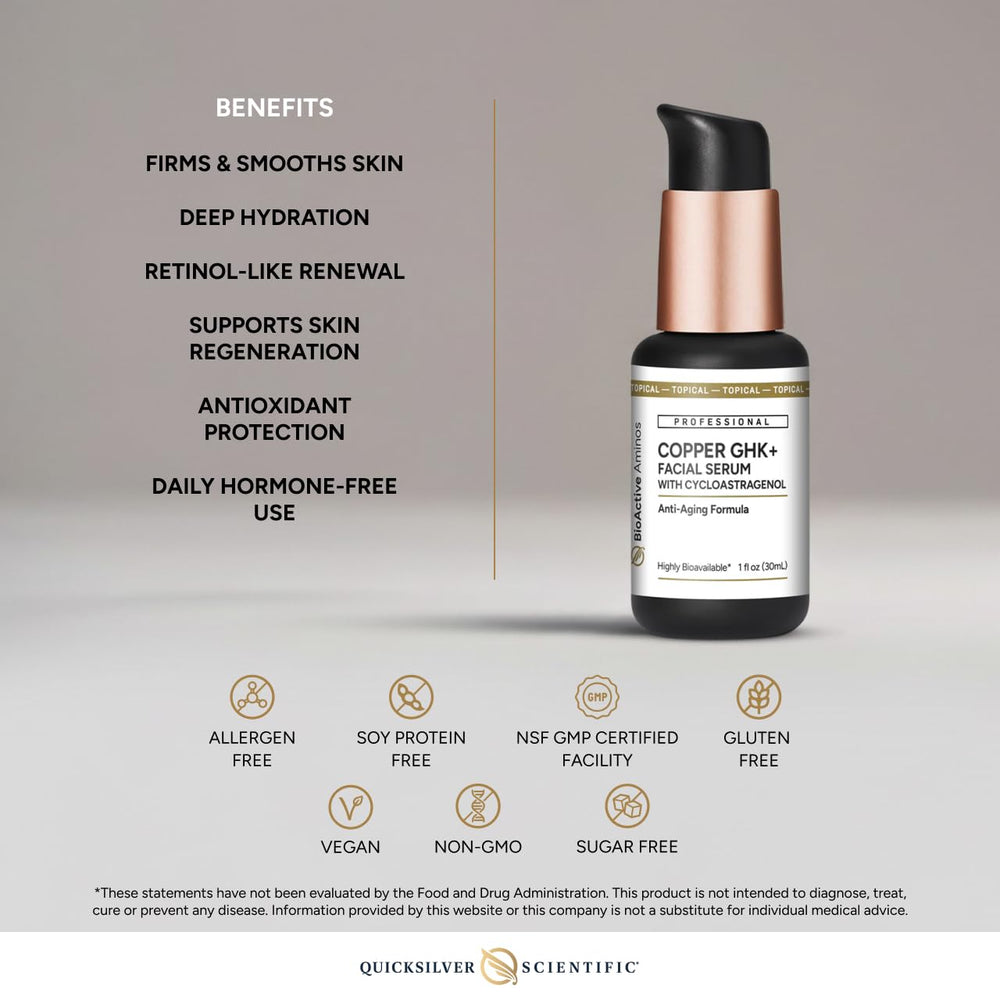 Quicksilver Copper GHK+ Serum with hyaluronic acid applied for deep hydration.