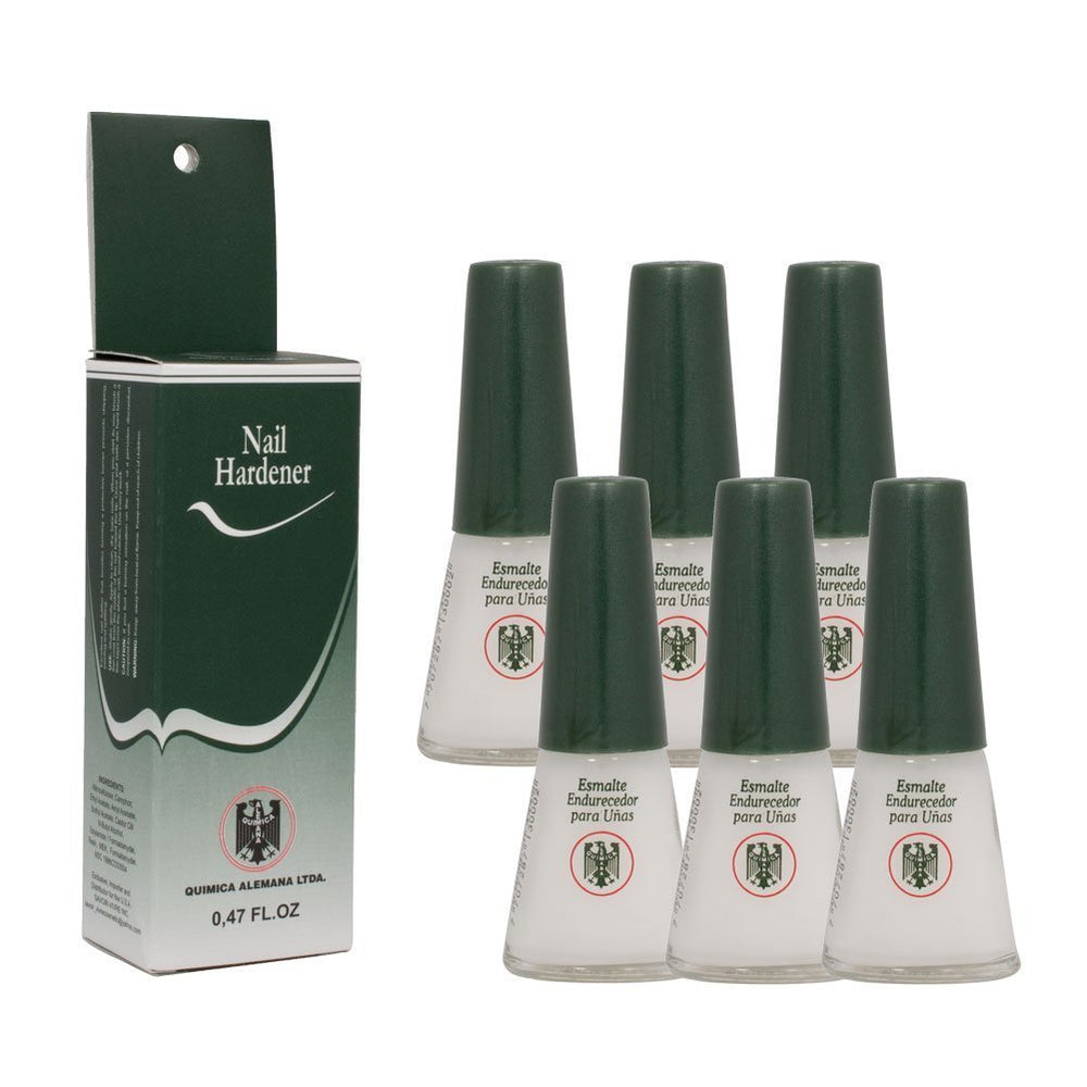 Quimica Alemana Nail Hardener bottle with the new formula for stronger nails.
