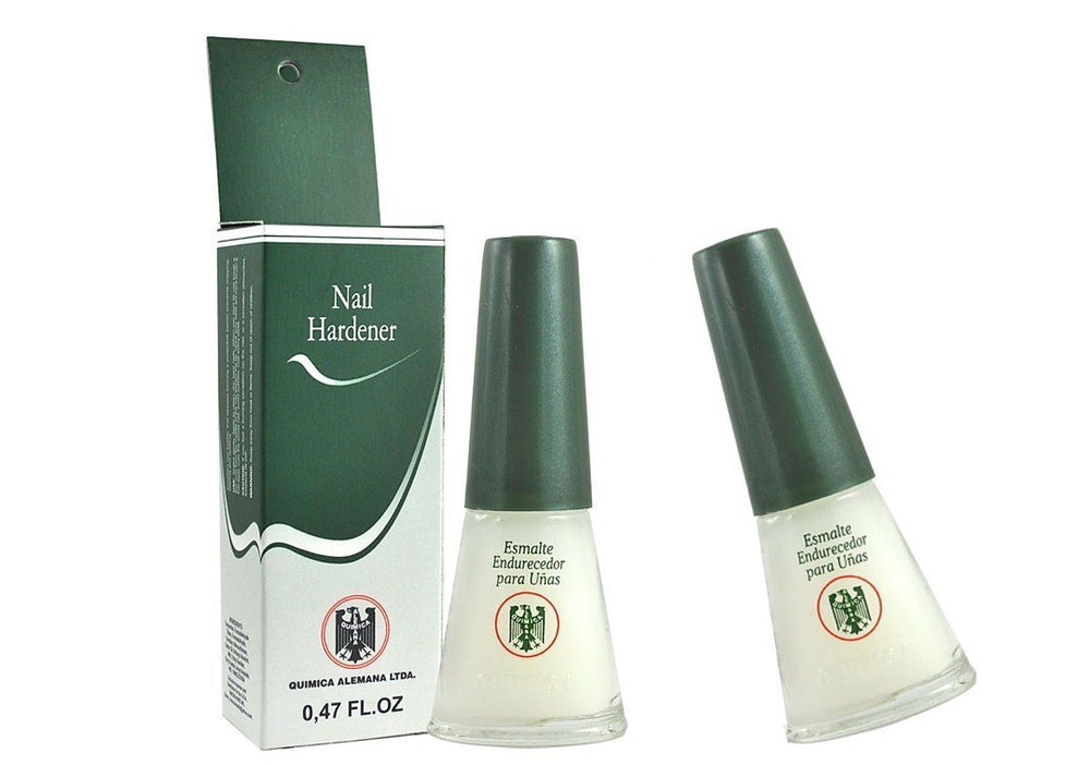 Química Alemana Nail Hardener bottle pour showing barrier protection against chipping