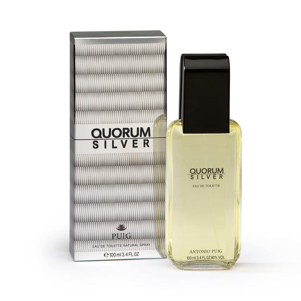 Quorum Silver bottle front view, a sophisticated daily fragrance.