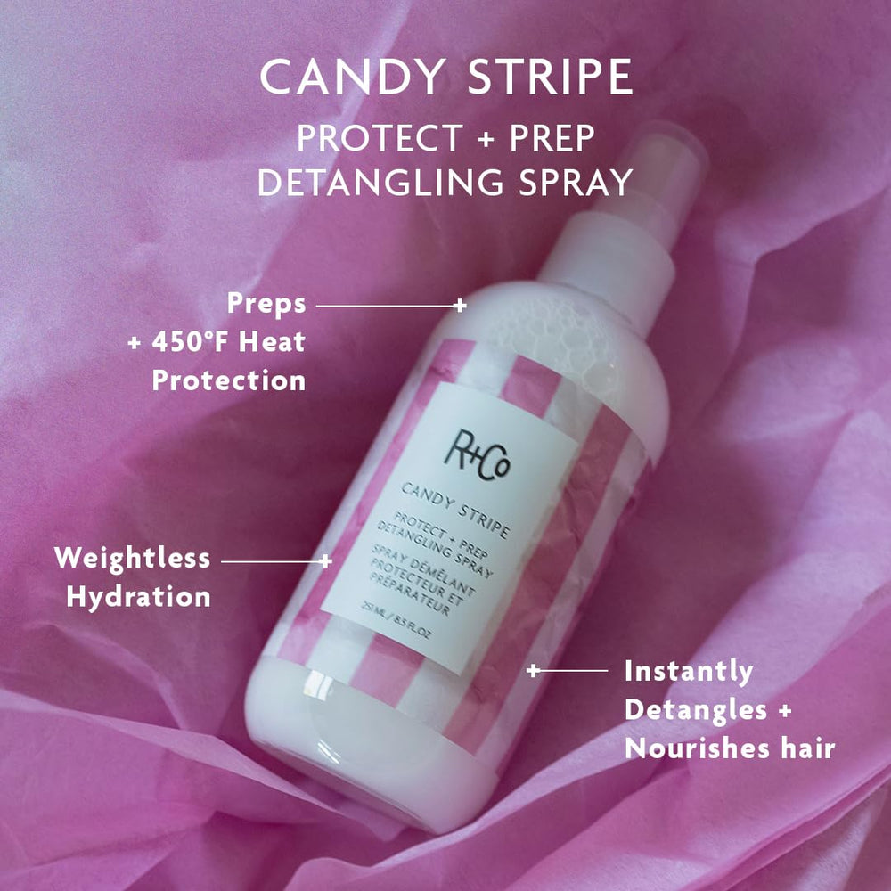 R+Co Candy Stripe weightless hydration seals cuticles for frizz control.