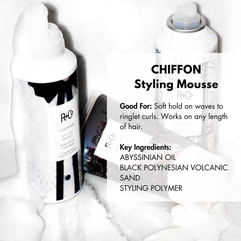 R+Co Chiffon Styling Mousse cap close-up shows sleek design