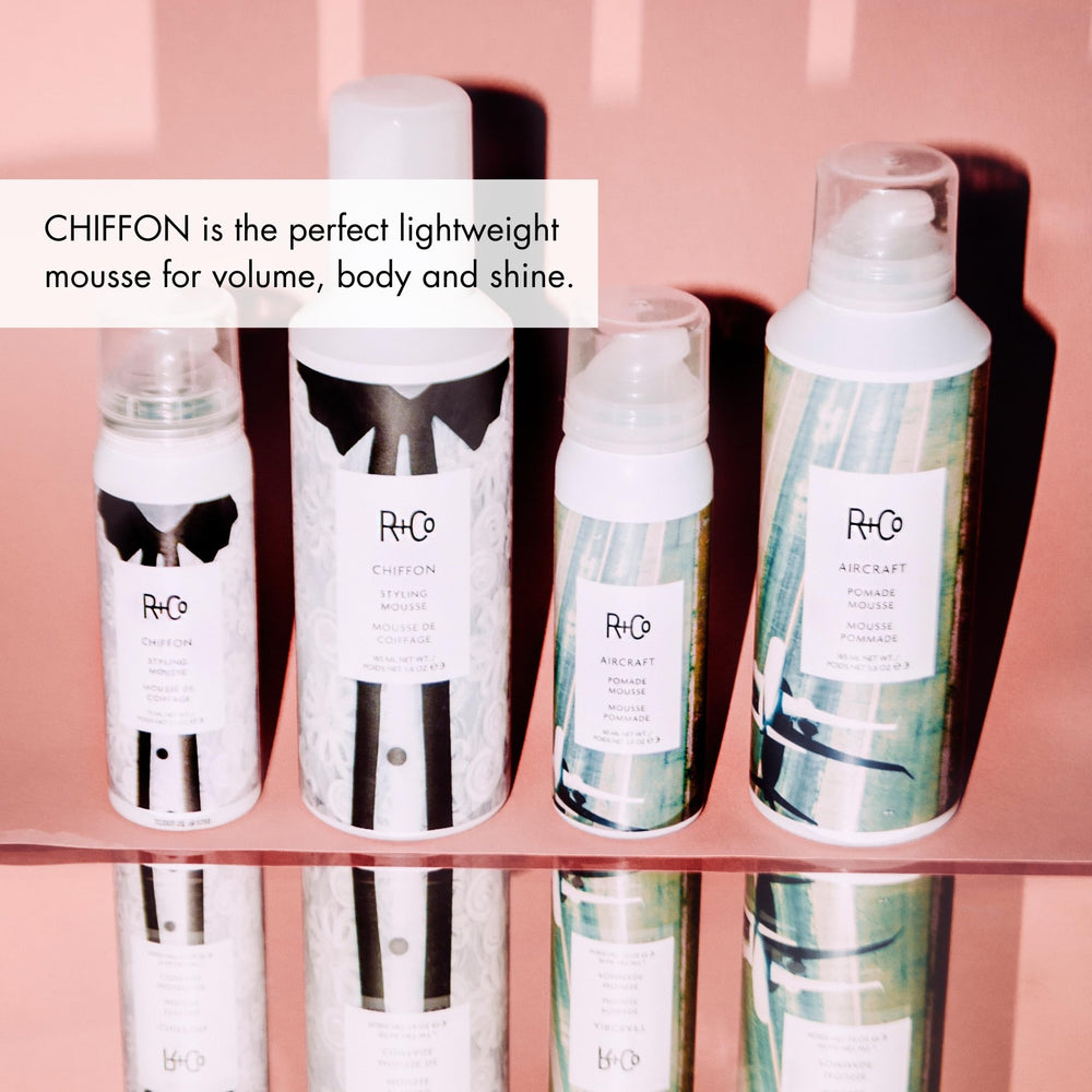 R+Co Chiffon Styling Mousse applied to hair for shape and lift