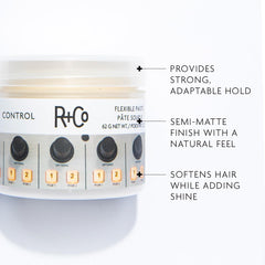 R+Co Control Flexible Paste on textured hair for defined, tousled looks