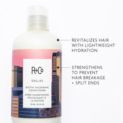 R+Co Dallas Biotin Thickening Conditioner side view promotes volume and vitality.