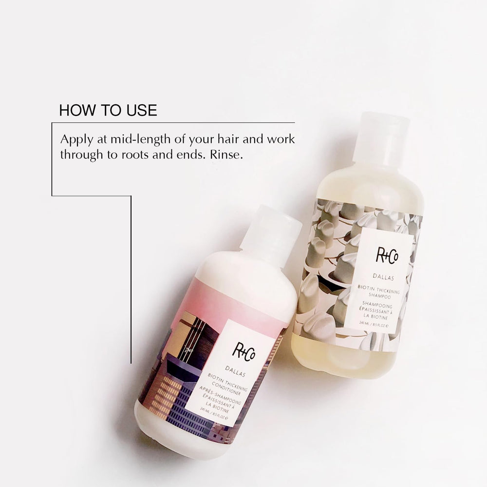 R+Co Dallas Biotin Thickening Conditioner bottle supports lift and shine.