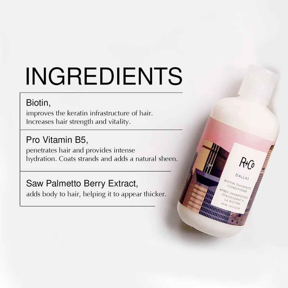 R+Co Dallas Biotin Thickening Conditioner pack-shot shows the duo.