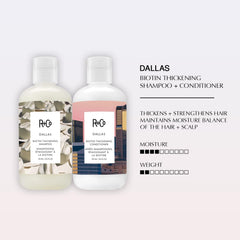 R+Co Dallas thickening set displayed on a bathroom shelf for fuller hairstyles.