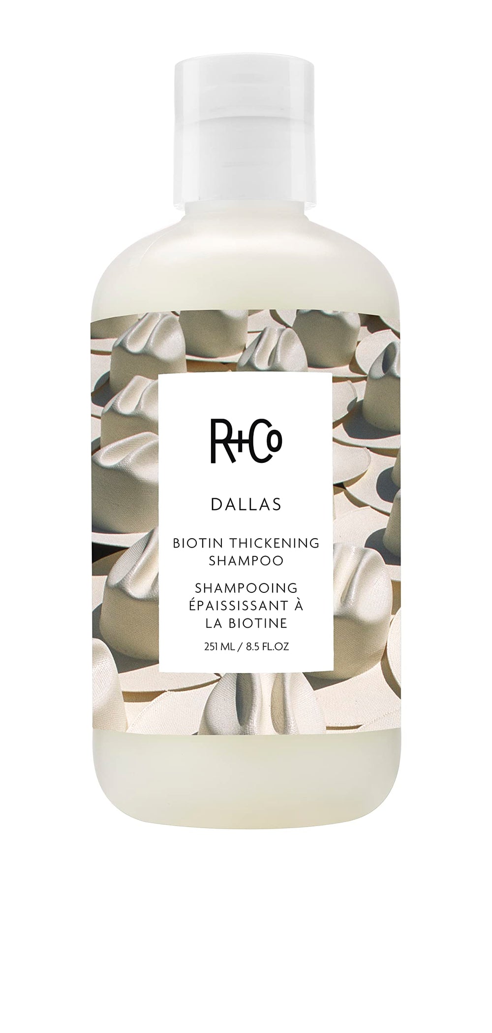 R+Co Dallas Thickening Shampoo bottle front view highlights vegan, cruelty-free branding for voluminous hair.